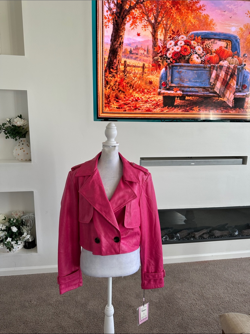 Avec Les Filles Hot Pink Cropped Double-Breasted Trench Jacket